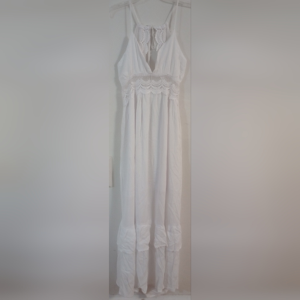 J for Justify White Maxi Dress Large Linen & Lace Open Back Beautiful